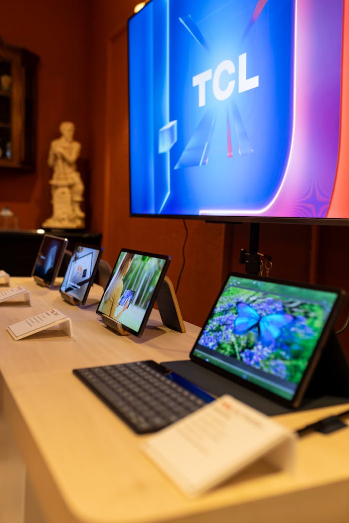 A vertical shot of various tablets displayed in a store with a TCL screen.